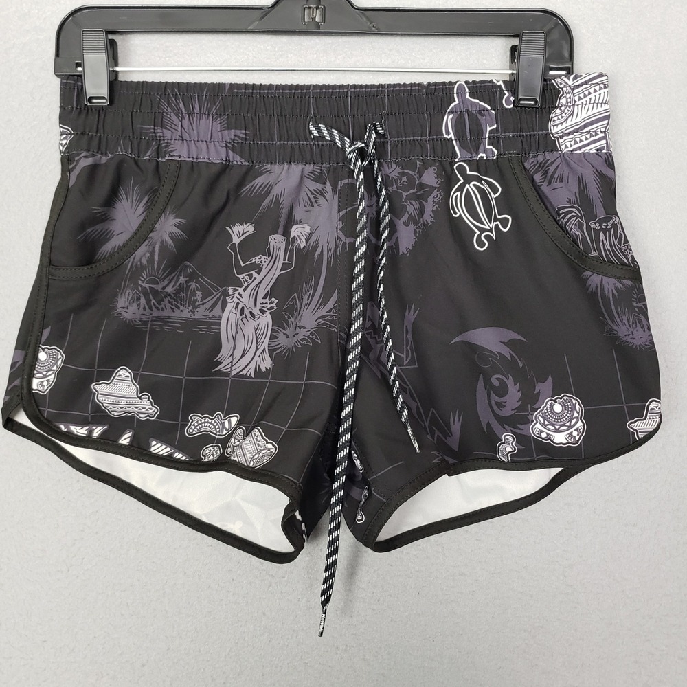 Favant Hawaii Hula & Hono Board Shorts Black Aloha Lizard Surfer Sports Size M